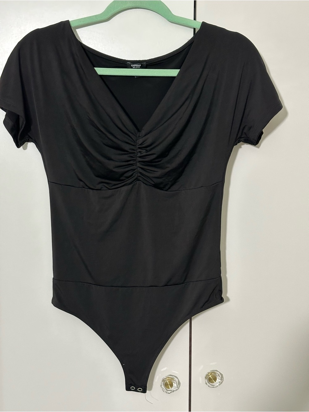 Express Black Ruched V-Neck Short Sleeve Bodysuit